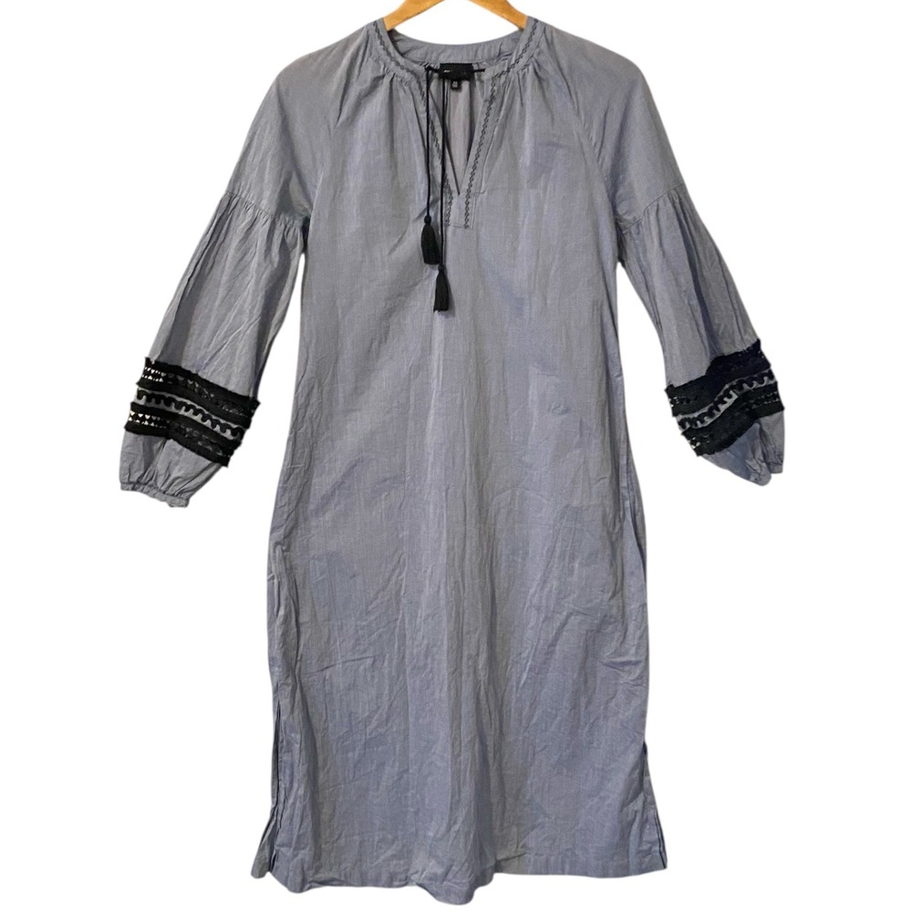 WHO WHAT WEAR‎ 100% Cotton Tunic Dress Black Lace Tassel V Neck Womens Size XS